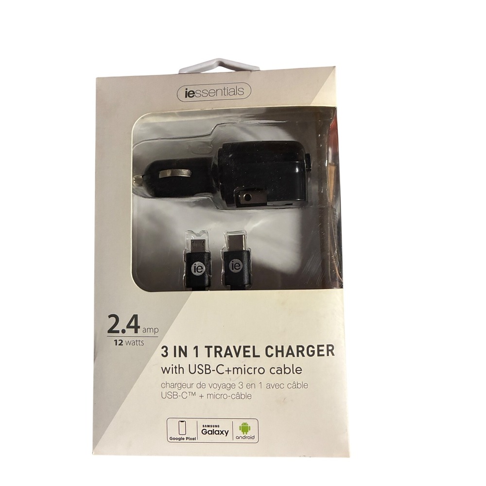 iEssentials 3 in 1 Travel Charger 2.4A 12W USB-C Micro Cable Black IE-TC31-BK